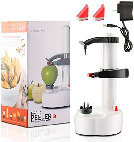 TOPCHANCES Automatic Electric Potato Peeler – 4-in-1 Fruit & Vegetable Peeler with Stainless Steel Blade, Battery Powered or USB, Easy Clean, for Apples Potatoes Carrots Cucumbers (White)