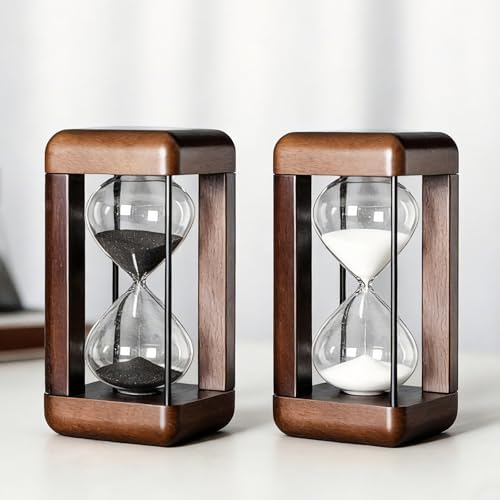 Large 60 Minute Hourglass Timer with Walnut Wood, Metal Frame, Black Sand