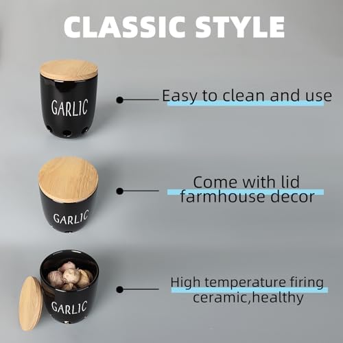Ceramic Garlic Saver Container with Wood Lid (Black)
