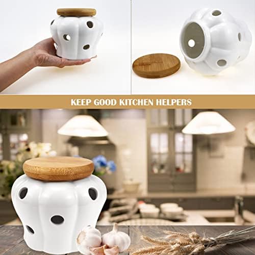 DOERDO White Ceramic Garlic Keeper Jar Container for Food Storage with Lid, Garlic and Ginger Storage Container, 5.1" x 4.3"