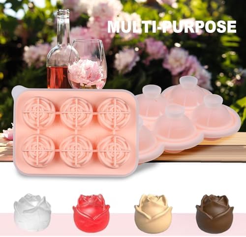 2 Pack Silicone Ice Cube Trays, Pink Rose Ice Cube Mold, Large Sphere Ice Mold with Funnel-type Lid, Makes 6 Rose & 6 Round Ice Balls for Chilling Whiskey Cocktails Drinks