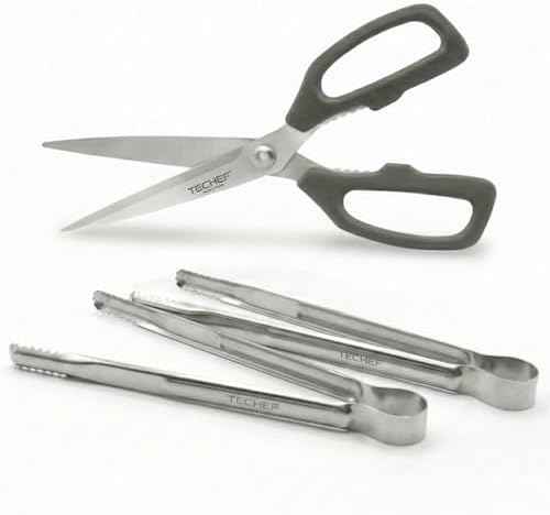 TECHEF Kitchen Shears With 2 Stainless Steel Tongs & Travel Bag, Dishwasher Safe, 4-Piece Complete Set, Made in Korea (Scissors & Tongs Set)