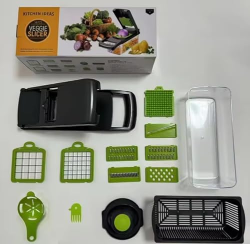 Veggie slicer 16 pieces (Gray, 1) 16 pieces hand operated vegetable slicer, veggie chopper, food chopper, onion cutter.