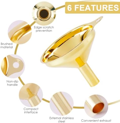 GORGECRAFT 3Pcs Small Metal Funnel Set 2.5x3in 1.9x2.2in 1.5x1.8in Golden Metal Stainless Steel Kitchen Cooking Food Grade Funnels with Cleaning Brushes for Essential Oil Spices Liquid Filling Bottles