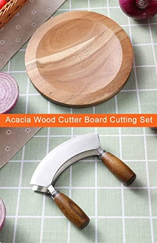 Salad Chopper With Round Wood Cutting Board - Mezzaluna Knife with Protective Cover and Anti-Slip Handle Stainless Steel Chopper Vegetable Cutter Onion Chopper Mincing Knife Pizza Cutter