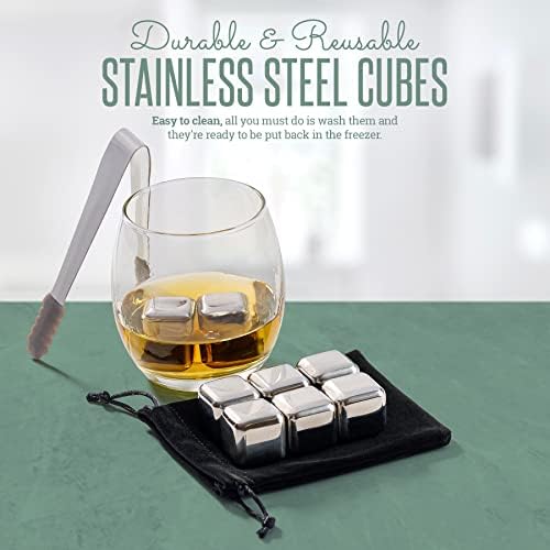 Whiskey Stone Gift Set - 8 Pieces Stainless Steel Cubes in Wooden Barrel Box Display Includes Reusable Stones, Felt Bag & Tongs - Keep Drinks Cold for Scotch, Beer, Wine, Cocktails for Women & Men