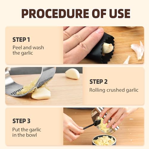 Stainless Steel Garlic Press, 2025 Upgraded Garlic Press Rocker Chopper, Garlic Crusher Mincer Tool with Peeler and Cleaning Brush, Easy to Clean Kitchen Gadgets (2)