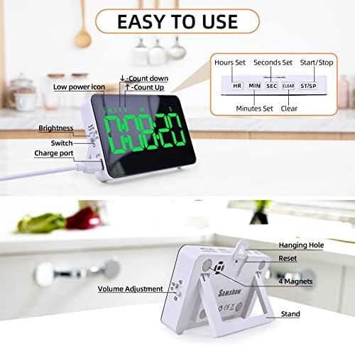 Samshow Rechargeable Digital Kitchen Timer, Green, 5 Inch