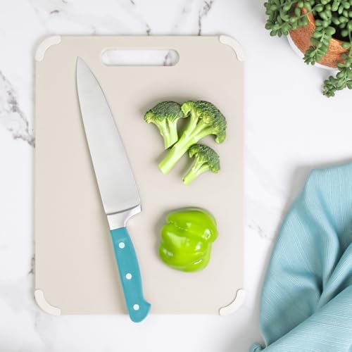 Dexas Fresh Prep 3-Pack Non-Slip Cutting Board Set – Dishwasher Safe Plastic Boards with Silicone Grip Corners & Handle, Cream (14.17" x 10.63", 12.6" x 9.06", 11.02" x 7.48")