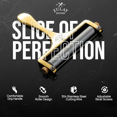 Zulay Kitchen Cheese Slicer With Adjustable Thickness – Heavy Duty Block Slicer with 2 Extra Wires – Ideal for Mozzarella, Cheddar, Gouda - Gold