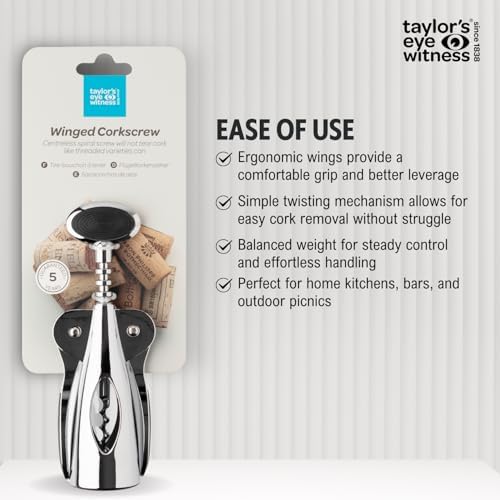 Spiral Corkscrew Wine Bottle Opener- by Taylors Eye Witness, Easy to Use, Guaranteed to Cleanly Remove Cork Without Tearing, Dishwasher Safe, Essential Kitchen Gadget for Wine Lovers, Chrome