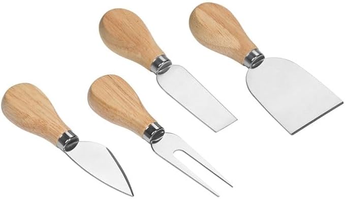 Tala MEETWEE Performance 4 Piece Cheese Knife Set - Wooden Handles & Stainless-Steel Bladed Cheese Knives, for Soft & Hard Cheese Gifts, Cheese Slicer, Cutter, Shaver & Fork
