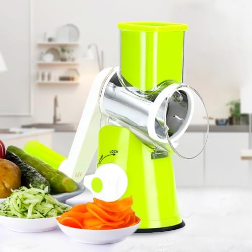 Cambom Rotary Cheese Grater Hand Crank Cheese Shredder for Fresh Cheese, Vegetable, Nuts,Non-slip Suction Base,Three Blades,Green