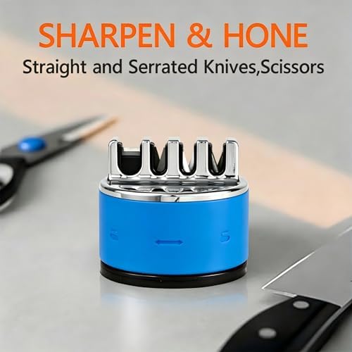 VIRO Compact Suction Kitchen Chef Knife Scissors Sharpener for Straight & Serrated Knives, 4-Stage Knife Sharpening Tool Helps Repair and Restore Blades (Bright Blue)