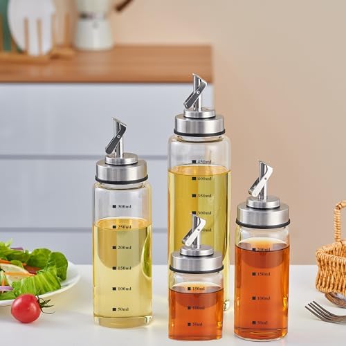 Verdental 7 oz Small Glass Oil Dispenser Bottle for Kitchen Stainless Steel Cruet Pourer Spout for Olive Oil Vinegar Coffee Syrup Soy Sauce Other Liquids with Non-slip Silicone Ring and Labels (200ml)