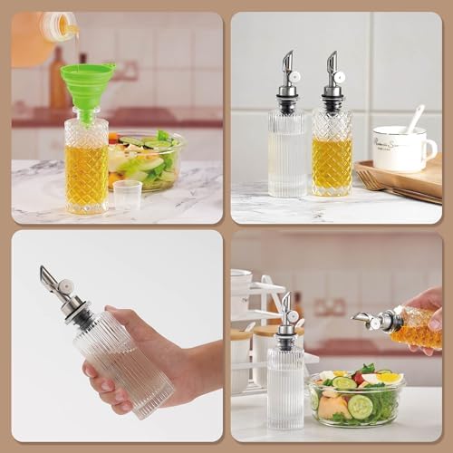 Glass Olive Oil Dispenser Bottle Small, 6.5 Oz/ 200 ml Coffee Simple Syrup Bottles with Silver Metal Pour Spout, Funnel, Measuring Cup, Oil and Vinegar Bottle for Kitchen (2 Pack)