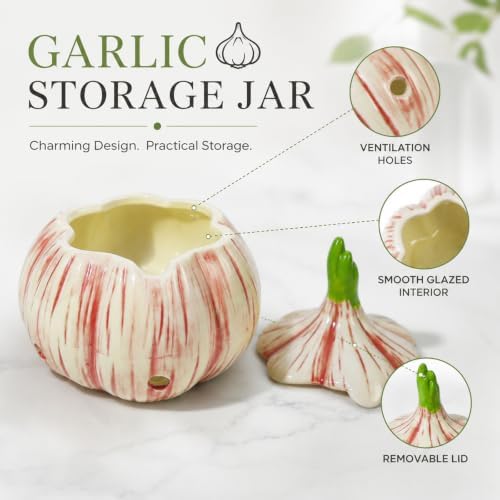 Yohsnor Large Ceramic Garlic Keeper with Lid, Unique Garlic Shape Container