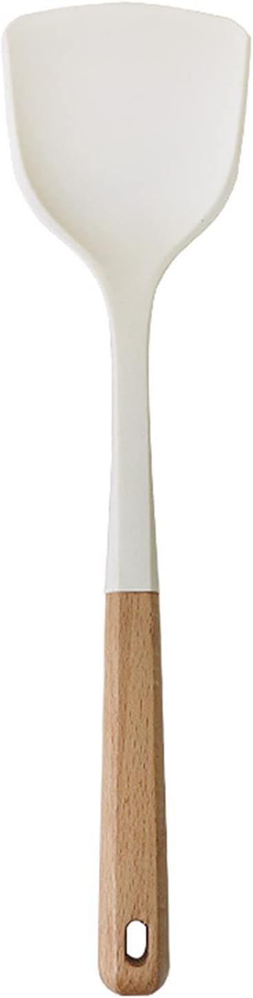 1pcs White Silicone Solid Turner with Wooden Handle, Heat Resistant Kitchen Utensils Spatulas, Ideal Cookware for Frying, Baking, Flipping, Turning, Fish, Eggs, Meat.