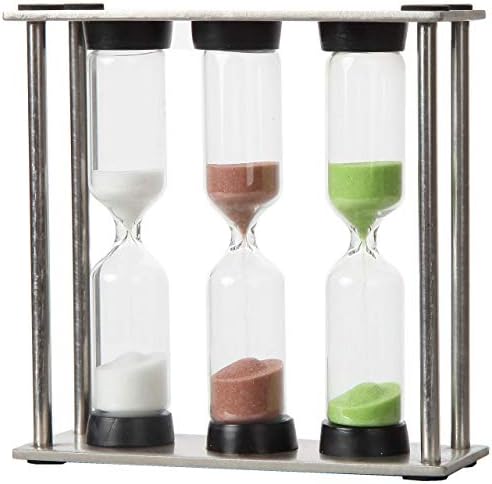 Lily's Home 3.75" Tall 3-in-1 Perfect Tea Timer, Includes 3, 4, and 5 Minute Sand Hourglass Timers, Use for Making Tea or Keeping Time Around The Kitchen, Brushed Stainless Steel Frame