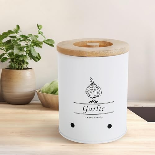 Large Ceramic Garlic Keeper, Farmhouse Style Garlic Storage Box with Wood Lid, Ventilated Garlic Saver, 2.3L, White
