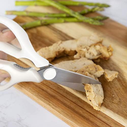 Rae Dunn Kitchen Scissors- Stainless Steel Kitchen Shears, Cooking Scissors for Cutting Meat, Chicken, Herbs and Produce with Blade Cover and Soft Grip Handles(White)