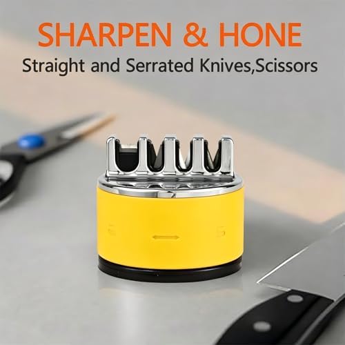 VIRO Compact Suction Kitchen Chef Knife Scissors Sharpener for Straight & Serrated Knives,4-Stage Knife Sharpening Tool Helps Repair and Restore Blades (Yellow)