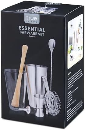 True Reserve 7-Piece Bartender Kit for Mixed Drinks and Cold Brew Cocktails, Includes Boston Shaker Tin, Mixing Glass, Jigger, Muddler, Strainer, Bar Spoon, Pour Spout, Home Bar Tools, Gift Set