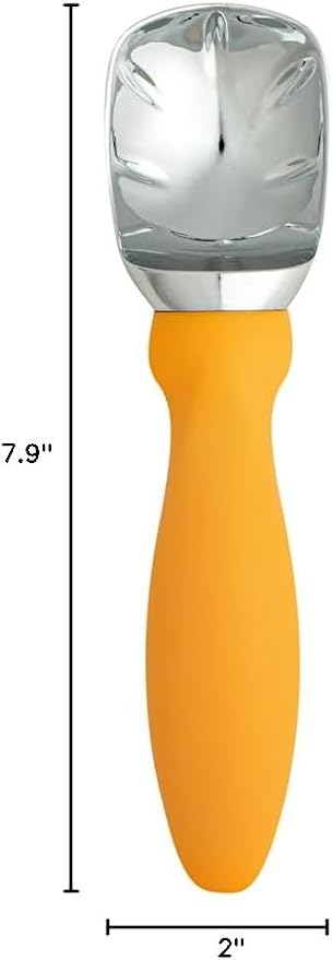 Restaurantware Comfy Grip 7.9 x 2 Inch Kitchen Ice Cream Scoop 1 Heavy-Duty Ice Cream Disher - Ergonomic PP Handle Dishwashable Orange Metal Ice Cream Spade With Lid Opener Notch Multi-Use