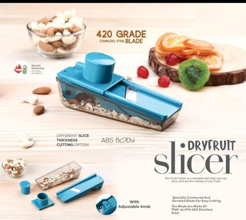 Plastic Dry Fruit & Vegetable Slicer with Storage Box | Sharp Stainless Steel Blade | Manual Cutter for Almonds, Cashews, Carrots, Cucumbers & More | Easy-to-Use Kitchen Tool (Multicolor)
