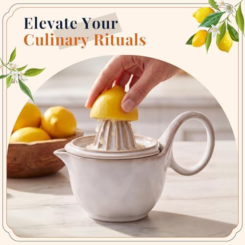 Sawysine Ceramic Lemon Squeezer Manual Citrus Juicer with Strainer Hand Press Lime Orange Reamer with 8.45 oz Cup Strainer Lid Spout Handle for Citrus Fruits Home Kitchen Bar(Stylish,White)