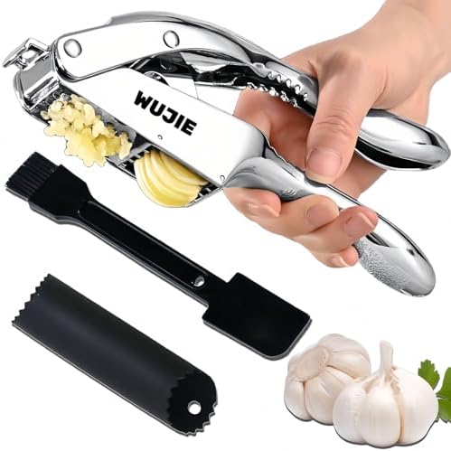 WUJIE Stainless Steel Garlic Press and Slicer - 2-in-1 Crusher and Mincer, Professional Kitchen Tool with Cleaning Brush for Garlic and Ginger, Aluminum Alloy