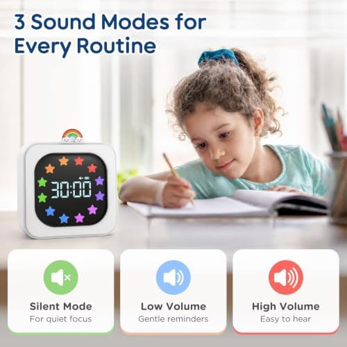 Digital Visual Timer for Kids, Rechargeable 99-Minute Countdown with 12-Star Rainbow LED Display, 9 Color Modes, Silent Mode & Pause, Timer for Classroom, Home & Kitchen