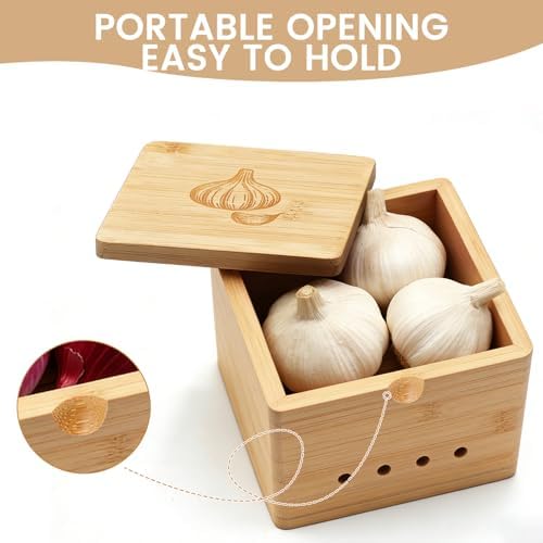 Bamboo Garlic Keeper for Counter, Large Garlic Holder Storage with Lid