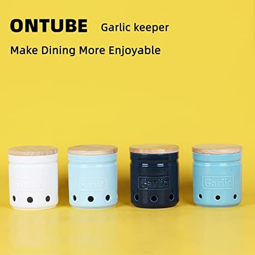 ONTUBE Garlic Keeper with Wooden Lid, 4.5-Inch Ceramic Garlic Holder 24oz (Navy)