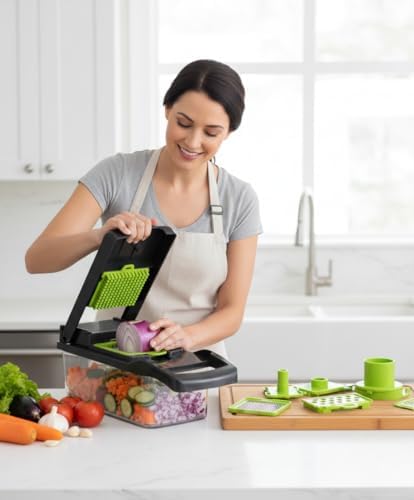14-in-1 Vegetable Chopper with Container & Interchangeable Blades – Veggie & Onion Chopper, Food Dicer, Mandoline Slicer for Kitchen, Vegetable Slicer for Fast Meal Prep