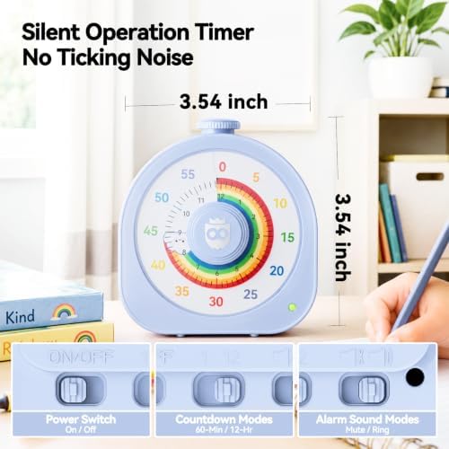 Kids Timer with Rainbow Visual Disk, Rechargeable Timer for Classroom Office Kitchen with Magnetic Sticker, 60 Min/12Hr Silent Countdown Timers Management Tool for ADHD & Autism