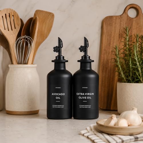 Olive Oil Dispenser for Kitchen, 2-Pack 12oz Black Glass Bottle with Labels