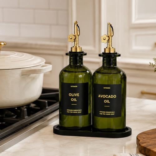 Olive Oil Dispenser for Kitchen, 2-Pack 12oz Glass Bottle with Gold Labels