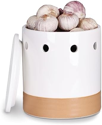 LEETOYI Garlic Keeper with Lid, Garlic Holder Storage Container, Ceramic Garlic Container for Countertop, Garlic Saver to Keep Your Garlic Cloves Fresh Longer, Easy to Clean