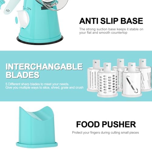 Cambom Rotary Cheese Grater Hand Crank Cheese Shredder for Fresh Cheese, Vegetable, Nuts,Non-slip Suction Base, Five Blades, Blue