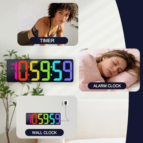 TXL 17.2" Bluetooth Digital Wall Clock with Seconds, Large Countdown Timer for Classroom Home Gym Kitchen Office, Alarm Clock with Remote Control, 4 Dimmable Brightness, Auto DST (RGB)