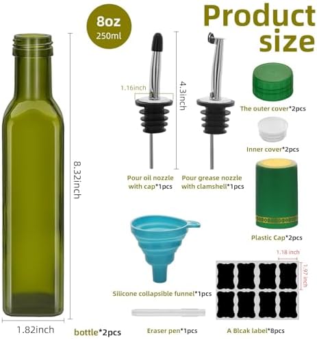 2Pcs Green 8 oz Olive Oil Dispenser Bottle,250 ml Glass Oil and Vinegar Dispenser Set with Pourers and Funnel ,Oil Bottles for Kitchen Large capacity oil bottles (2)