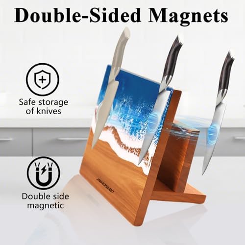 Wooden Magnetic Knife Holder – Freestanding Knife Block with Cutting Board Holder, Countertop Magnetic Knife Stand in Acacia Wood with Resin Design