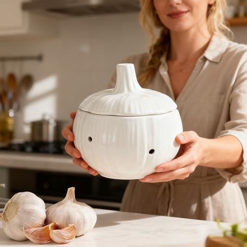Ceramic Garlic Keeper for Counter with Lid Ventilation Holes