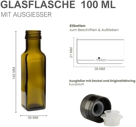 mikken 4 x Oil Bottles 100 ml with Spout Green/Brown Glass Bottles Oil Dispenser with Labels
