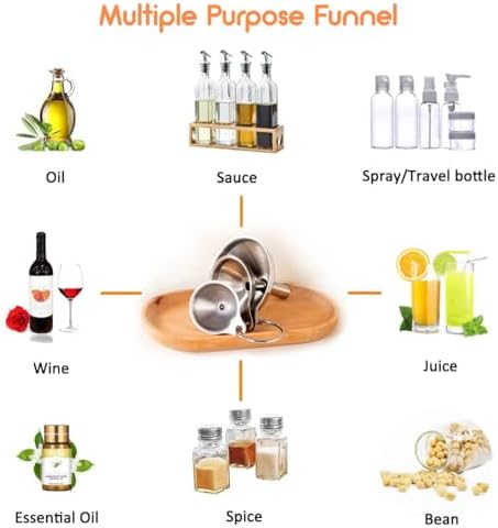 Small Funnels for Filling Bottles, 3 Pcs Stainless Steel Kitchen Funnel Set, Food Grade Mini Metal Funnel for Transferring Oil Liquid, Easy Cleaning with a Brush (Short Handle)