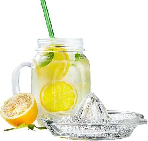 Glass Lemon Juicer, Manual Squeezer for Orange, Grapefuit, Small Citrus, Extractor Manual Hand with Handle and Pour Spout, Crystal Clear Glass 2.02oz