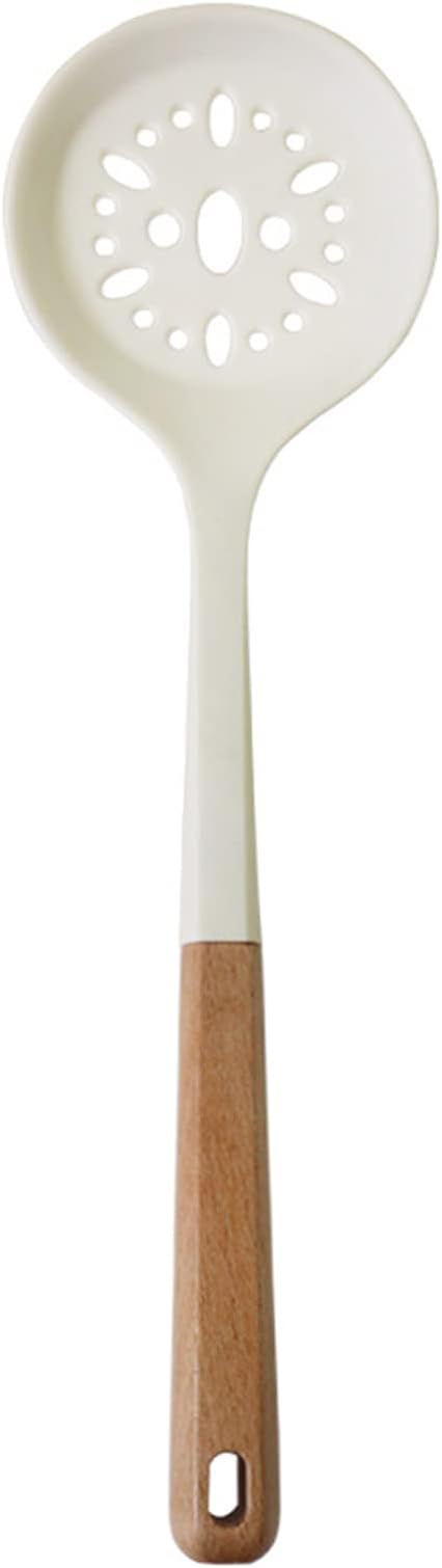 1pcs White Silicone Slotted Spoon with Wooden Handle, Heat Resistant Cooking Utensils, Mixing Spoon, Skimmer Cooking Backing Spoons Set for Stirring, Mixing and Serving