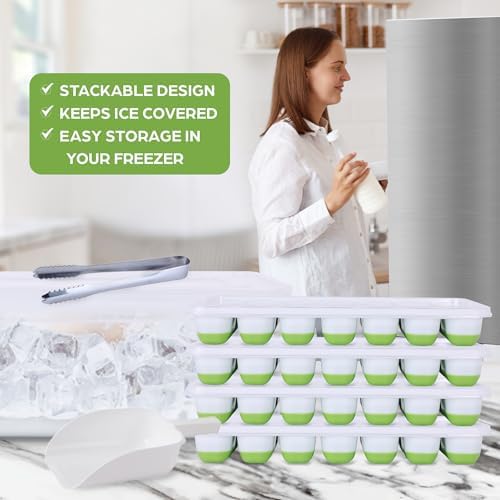 Ice Cube Tray with Bin, Stackable Lids, Green, 4 Pc, Ice Trays for Freezer