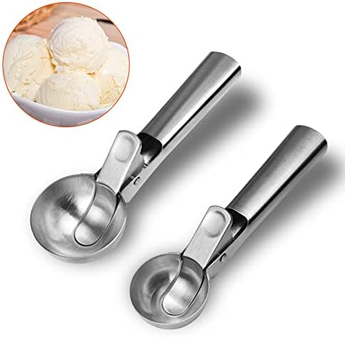 Stainless Steel Ice Cream Scooper with Trigger Release, Heavy Duty Metal Icecream Scoop Spoon Dishwasher Safe, Icecream Scoop Spoon for Meatball Frozen Yogurt Gelatos and Sundaes, Medium & Large